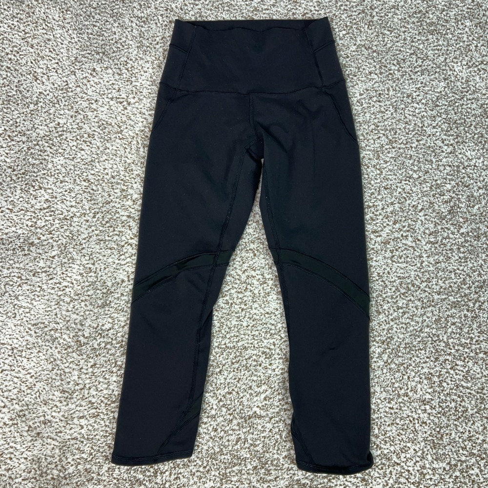 Lululemon Leggings Womens 4 Black Athletic Yoga High Rise Cropped Pants Gym Logo